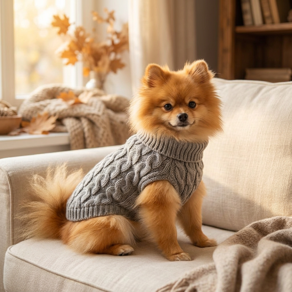 Small dog cozy in a grey Heather Knit Dog Sweater by the window