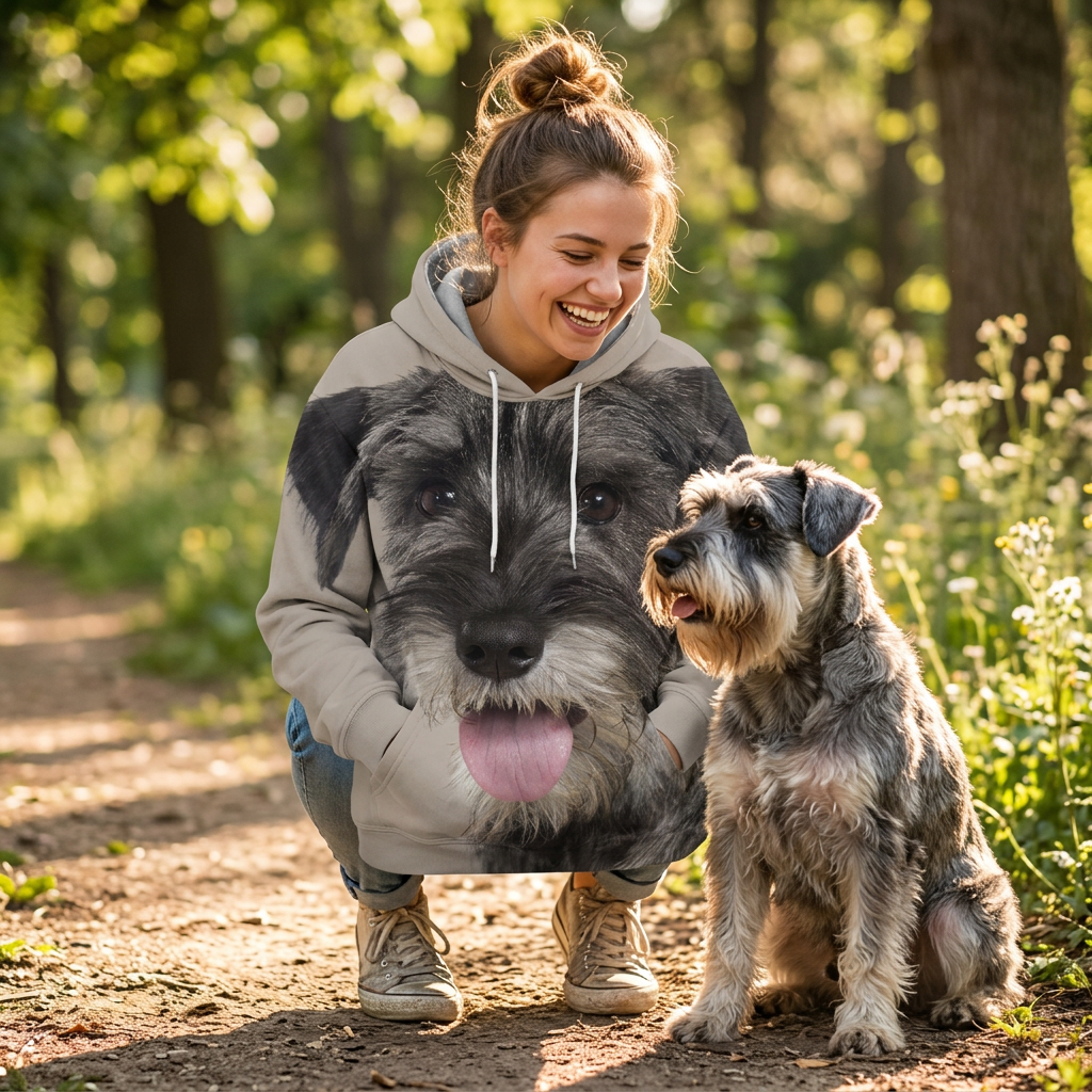 Woman in the Schnauzer Big Face hoodie with her Schnauzer on a walk