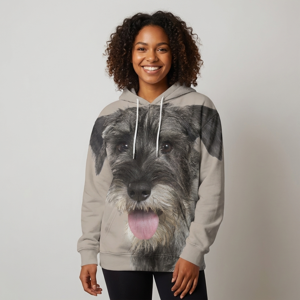 Woman wearing the Schnauzer Big Face all-over-print hoodie