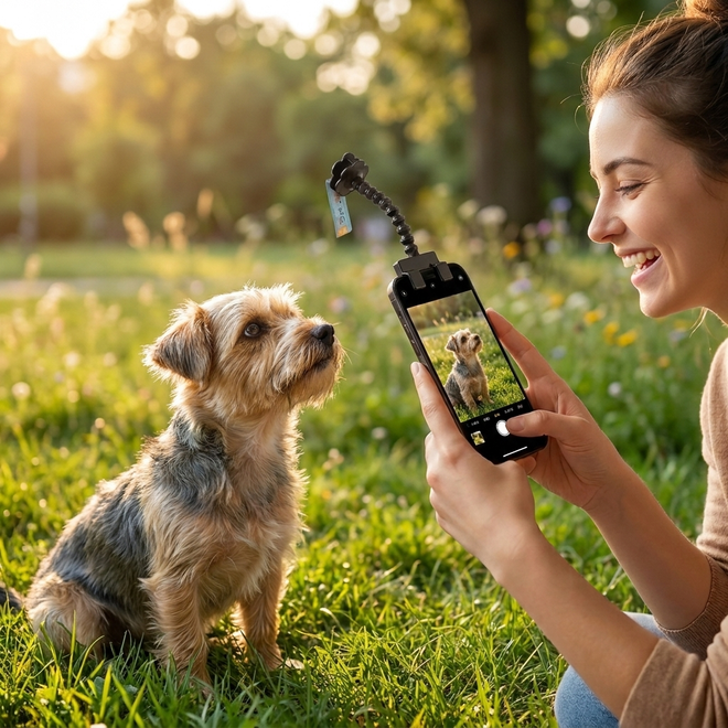 Woman photographing her dog outdoors with the Snap Dog Photo Clip
