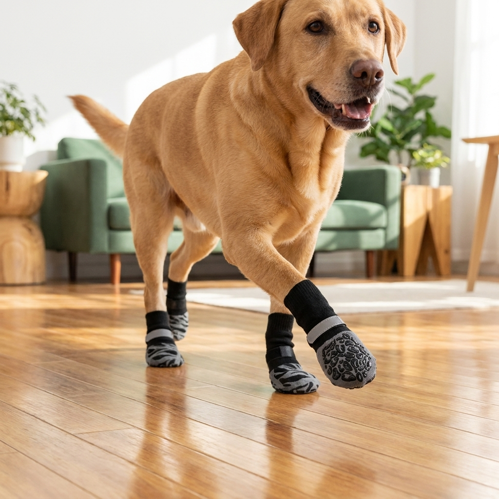 Dog trotting confidently across a wood floor in the Grippy Anti-Slip Dog Socks