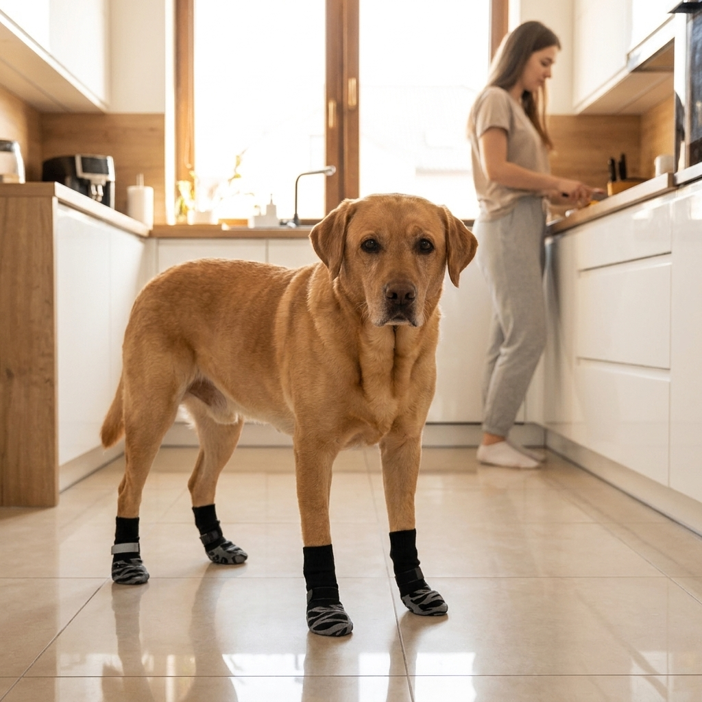 Dog steady on a tiled kitchen floor in the Grippy Anti-Slip Dog Socks