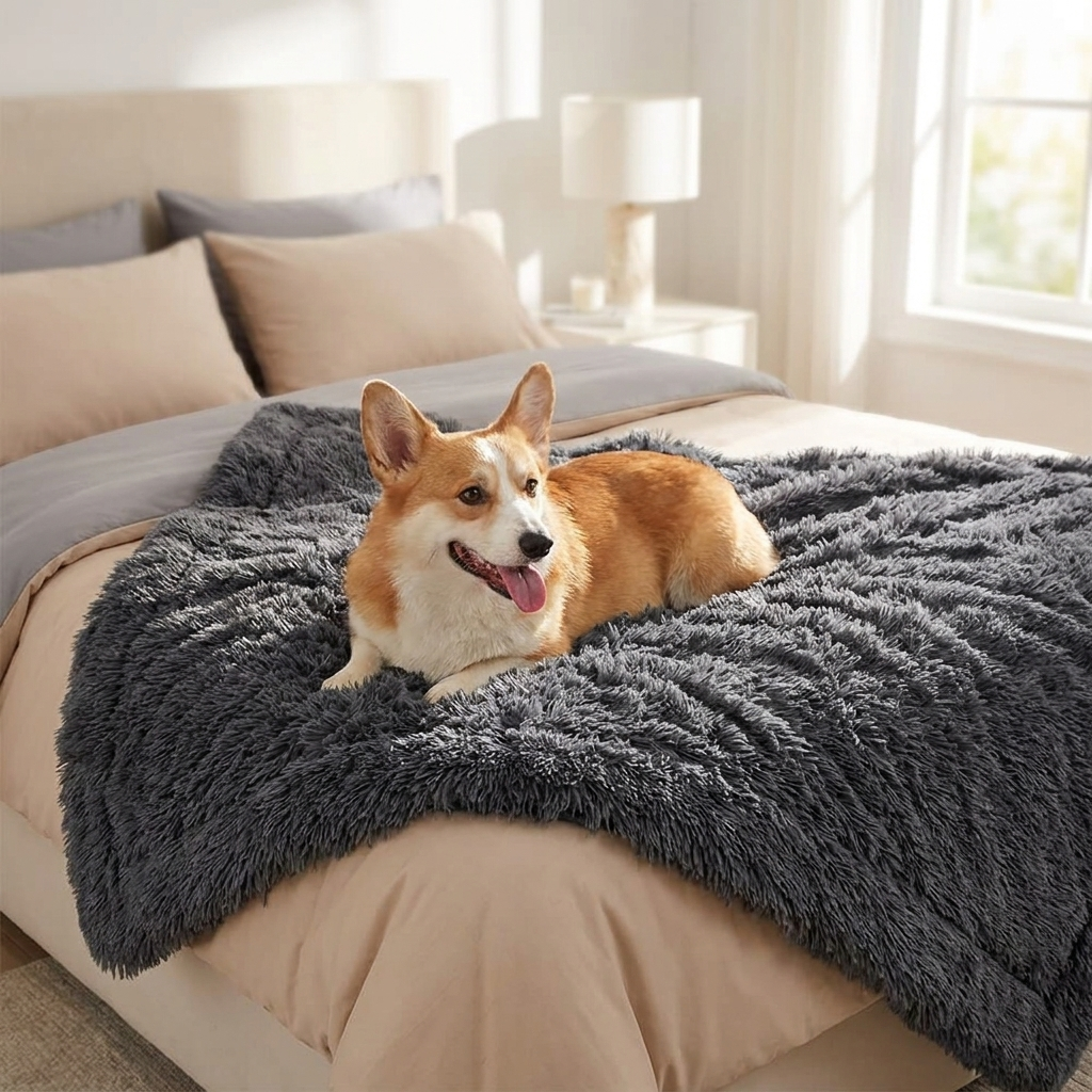 Corgi lying on a dark grey plush waterproof dog blanket on a bed