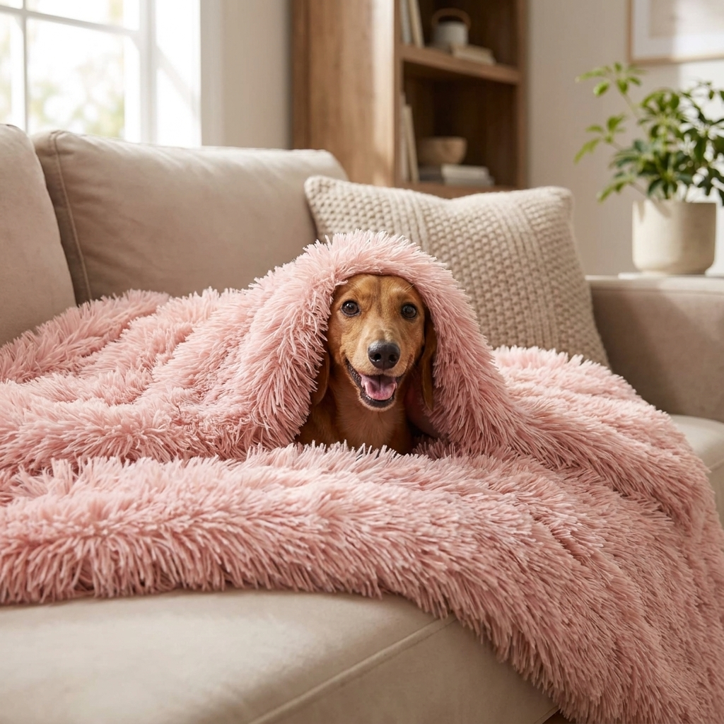 Dachshund burrowed under a pink plush waterproof dog blanket