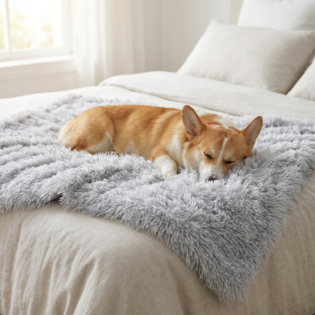 Corgi relaxing on a frost faux-fur calming dog blanket on a bed