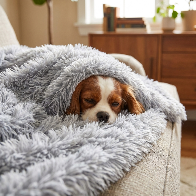 Cavalier King Charles Spaniel snuggled under a frost faux-fur calming dog blanket
