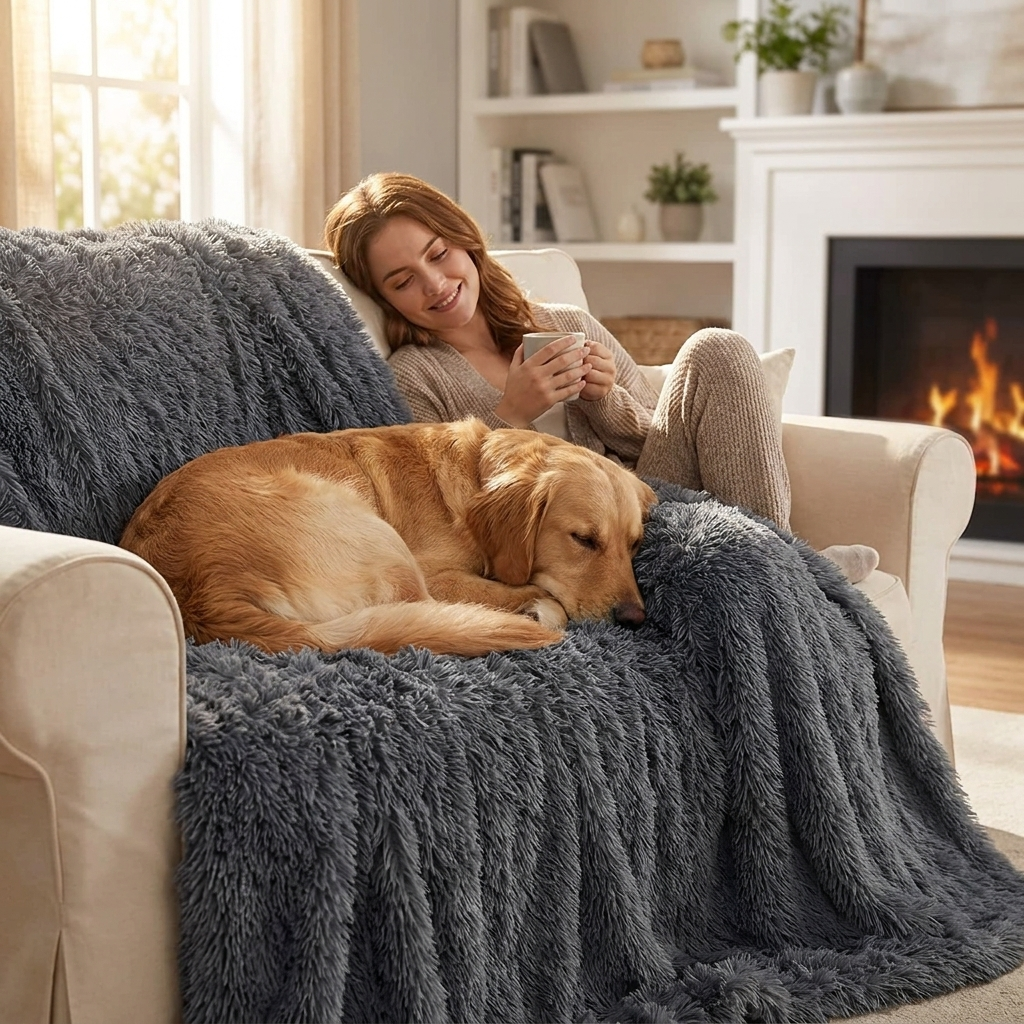 Golden Retriever curled on a dark gray faux-fur dog blanket on a sofa