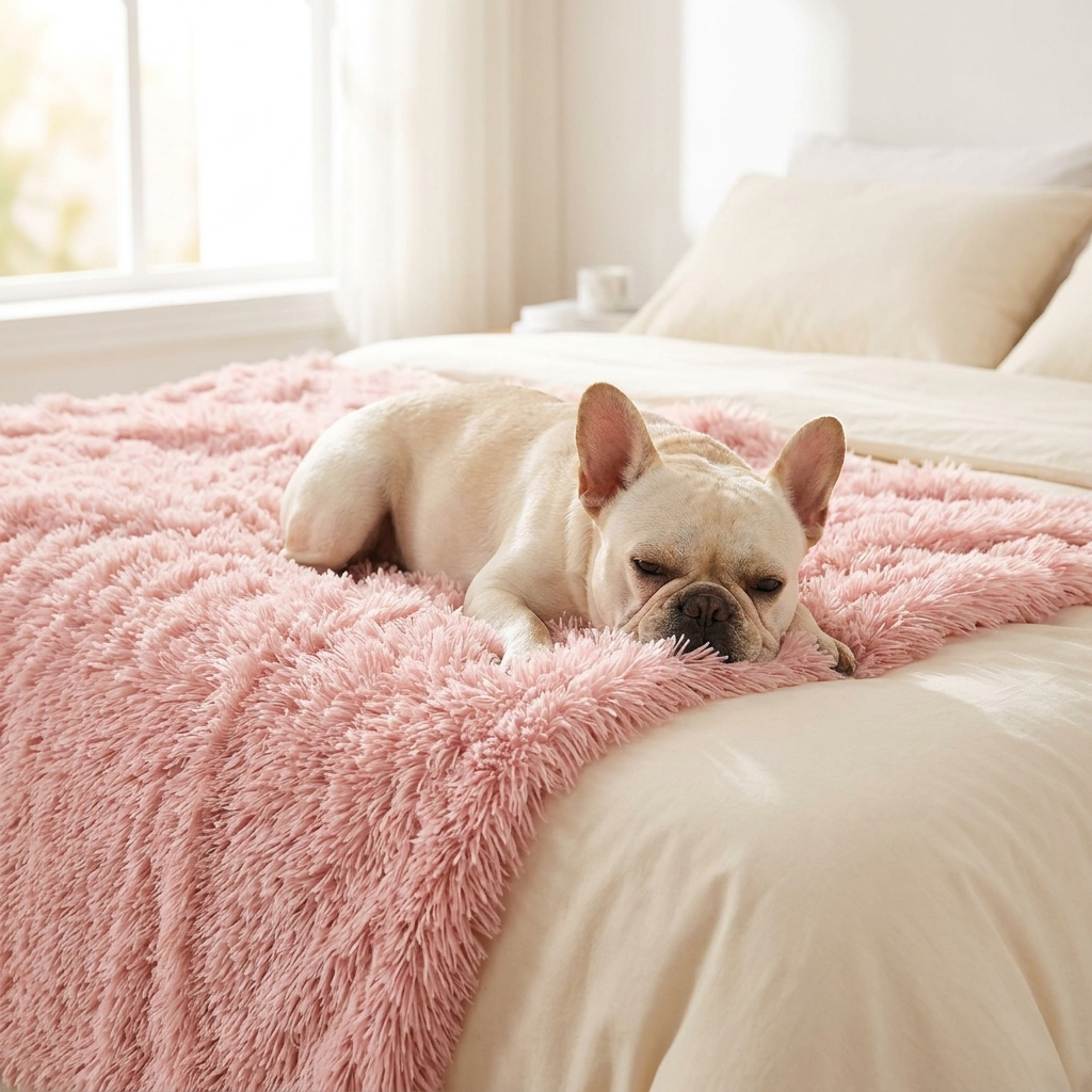 French Bulldog relaxing on a pink faux-fur dog blanket on a bed