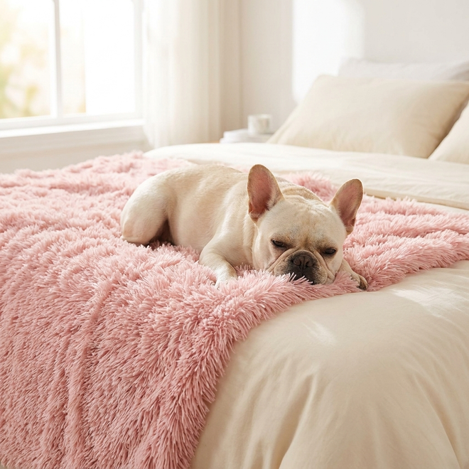 French Bulldog relaxing on a pink faux-fur dog blanket on a bed