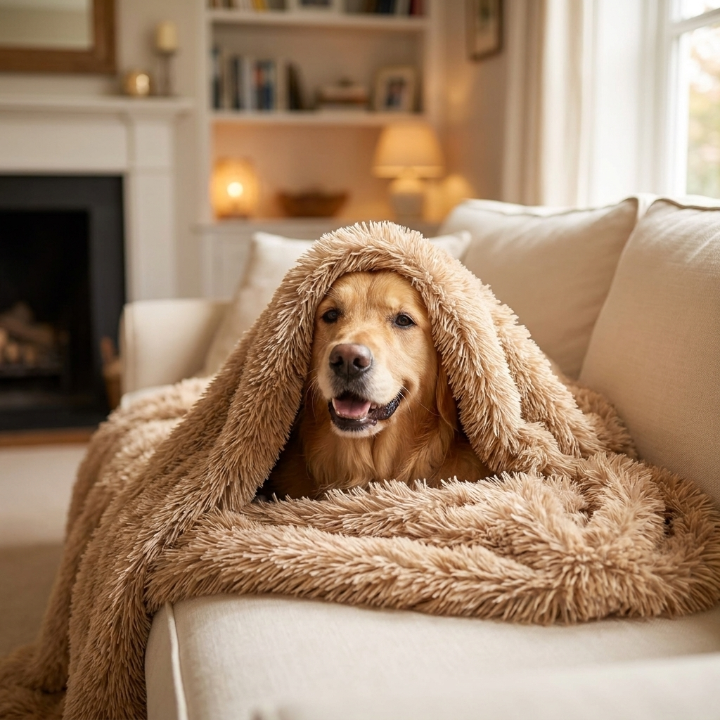 Golden Retriever burrowed under a light brown faux-fur dog blanket