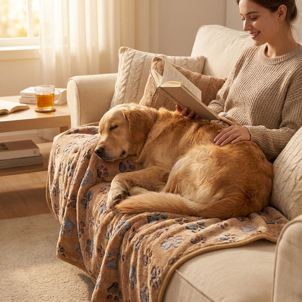 Golden Retriever curled on a brown paw-print coral fleece dog blanket on a sofa