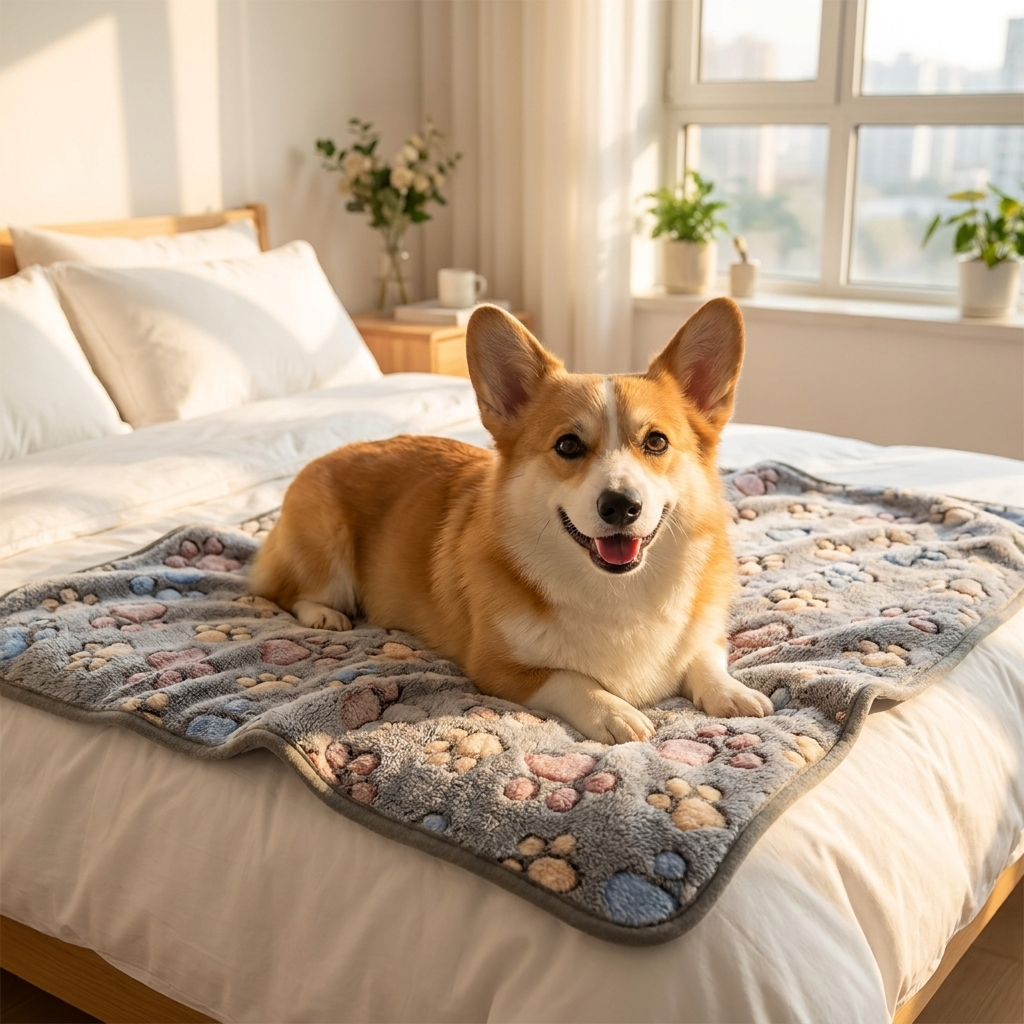 Corgi on a gray paw-print coral fleece dog blanket on a bed