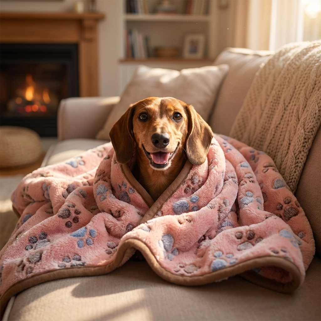 Dachshund burrowed under a pink paw-print coral fleece dog blanket