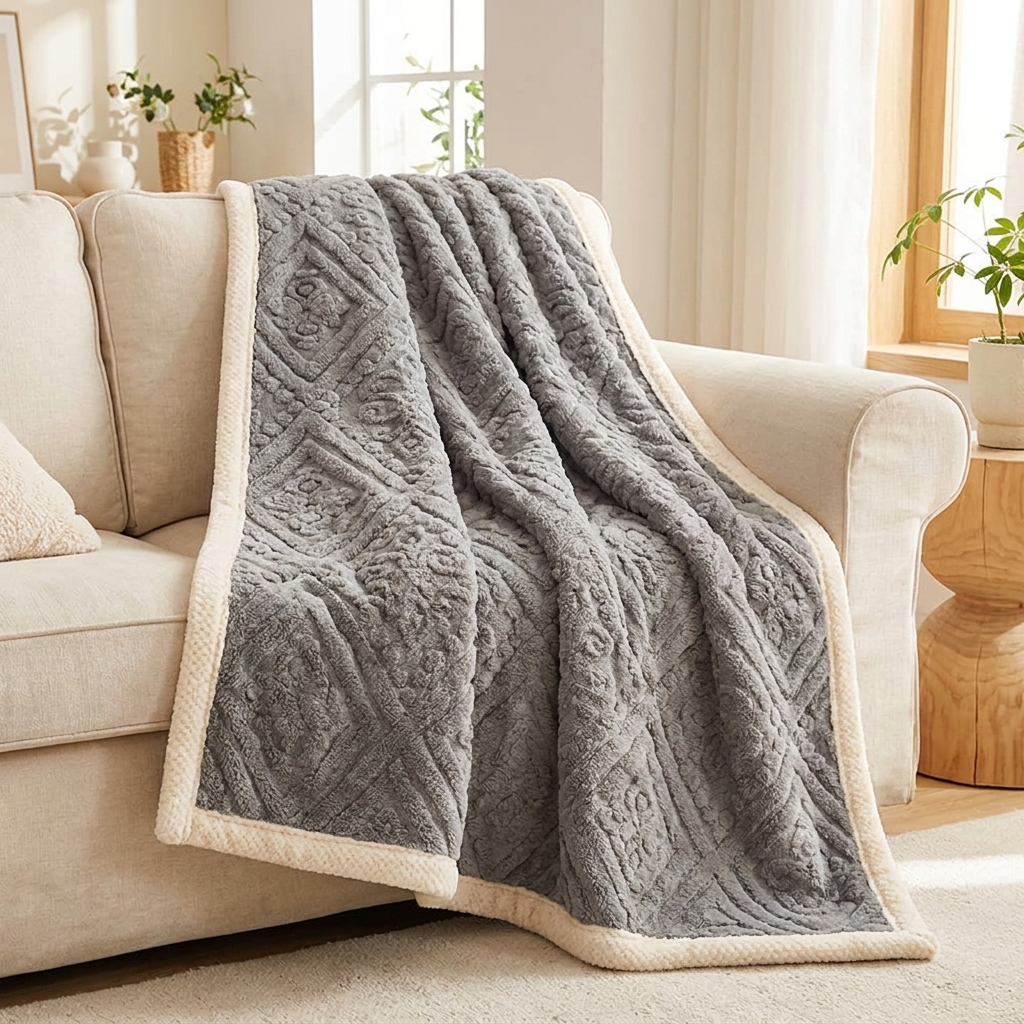 Grey baroque embossed velvet dog throw blanket draped over a sofa