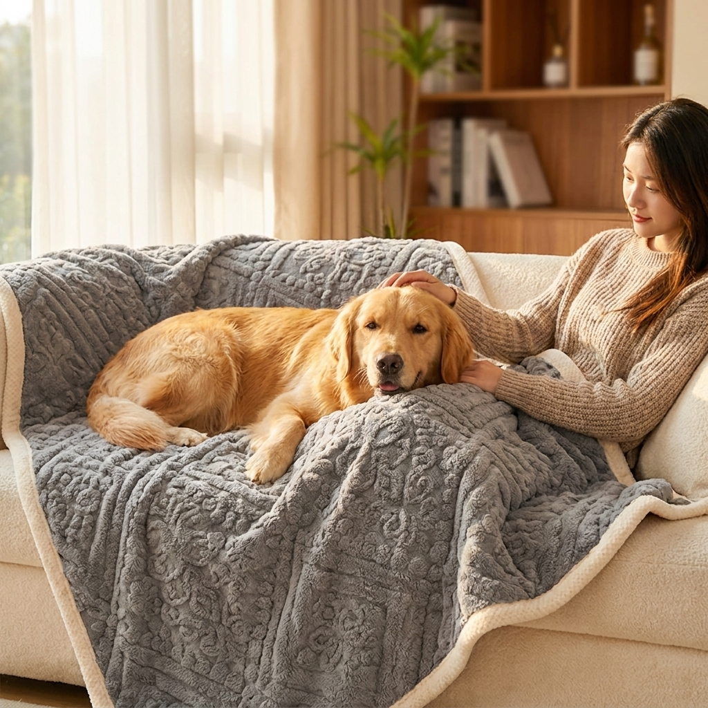 Golden Retriever resting on a grey baroque embossed dog throw on a sofa