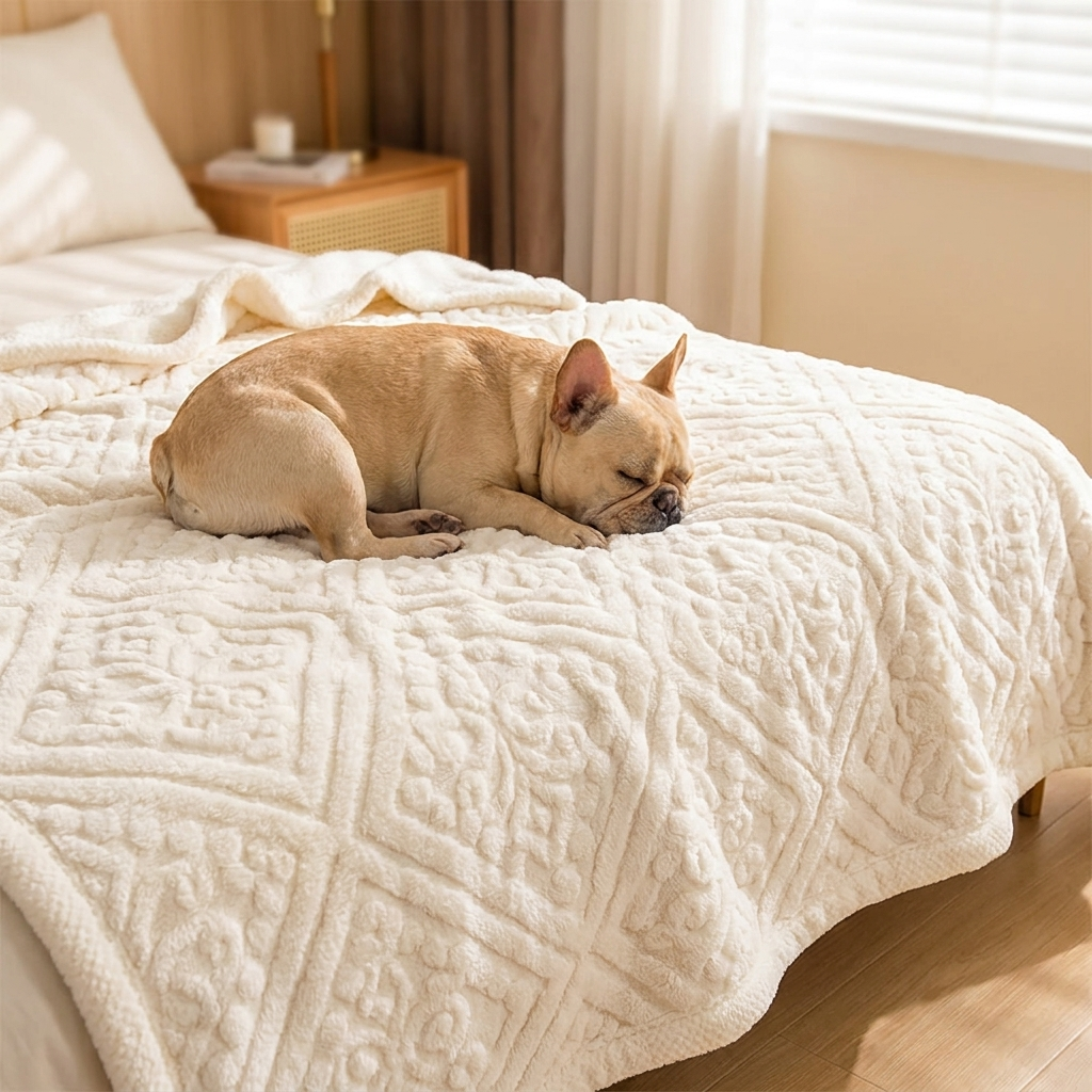 French Bulldog curled on a cream baroque embossed dog throw on a bed