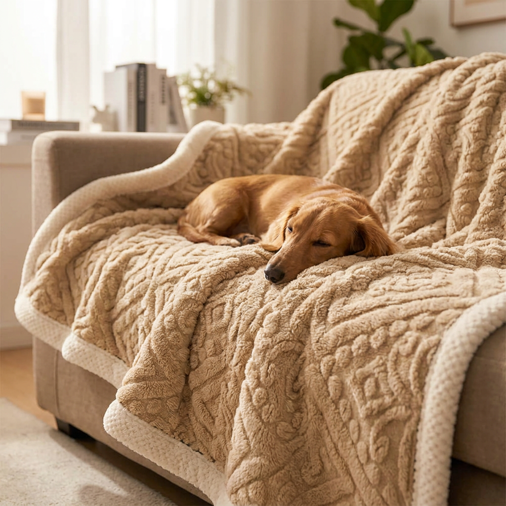 Dachshund resting on a khaki baroque embossed dog throw on a couch