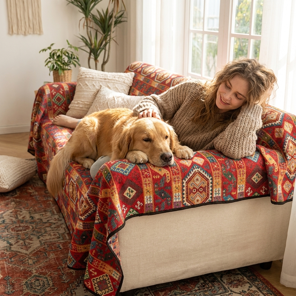 Golden Retriever resting on a Moroccan jacquard dog throw on a sofa