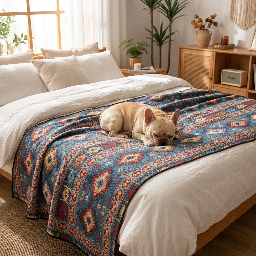 French Bulldog curled on a blue Moroccan jacquard dog throw on a bed