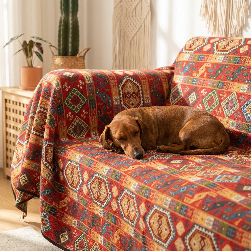 Dachshund resting on a Moroccan jacquard dog throw on a couch