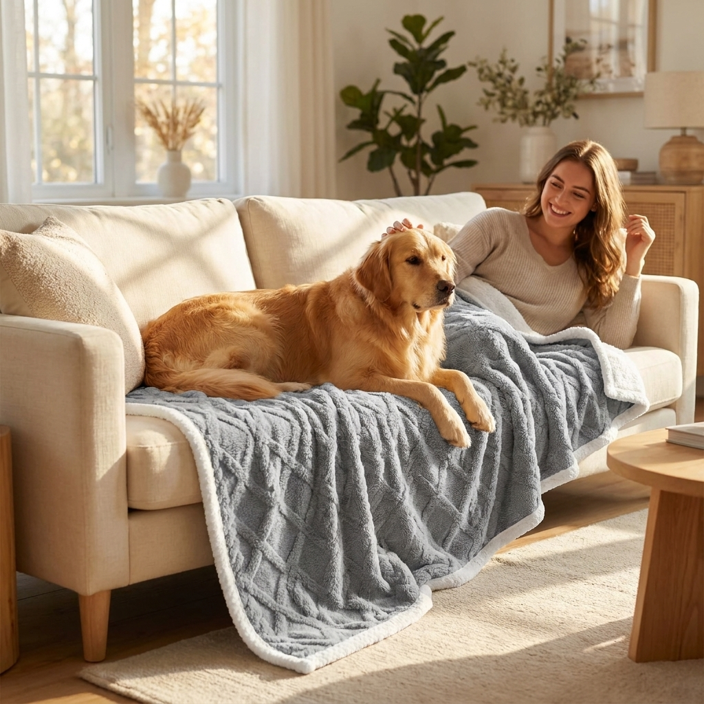 Golden Retriever resting on a grey waterproof sherpa dog blanket on a sofa