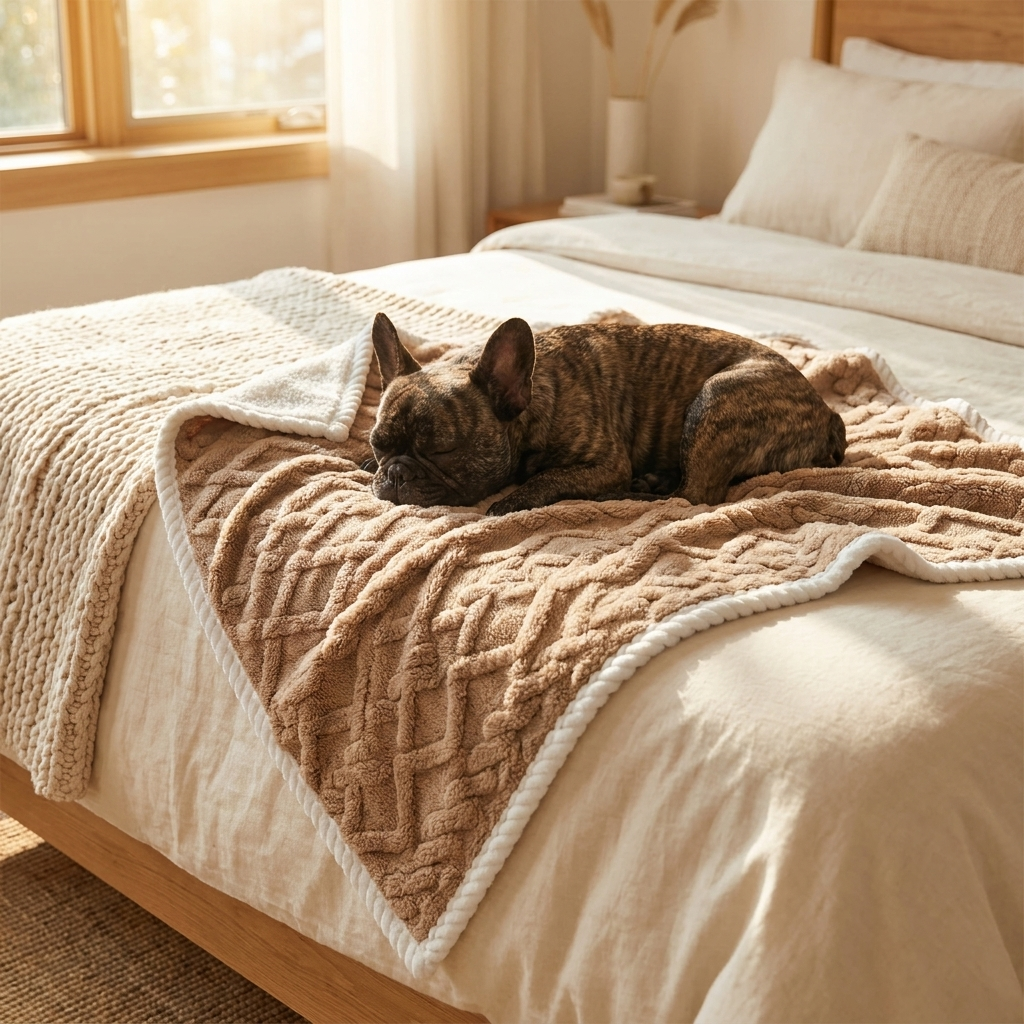 French Bulldog curled on a khaki waterproof sherpa dog blanket on a bed