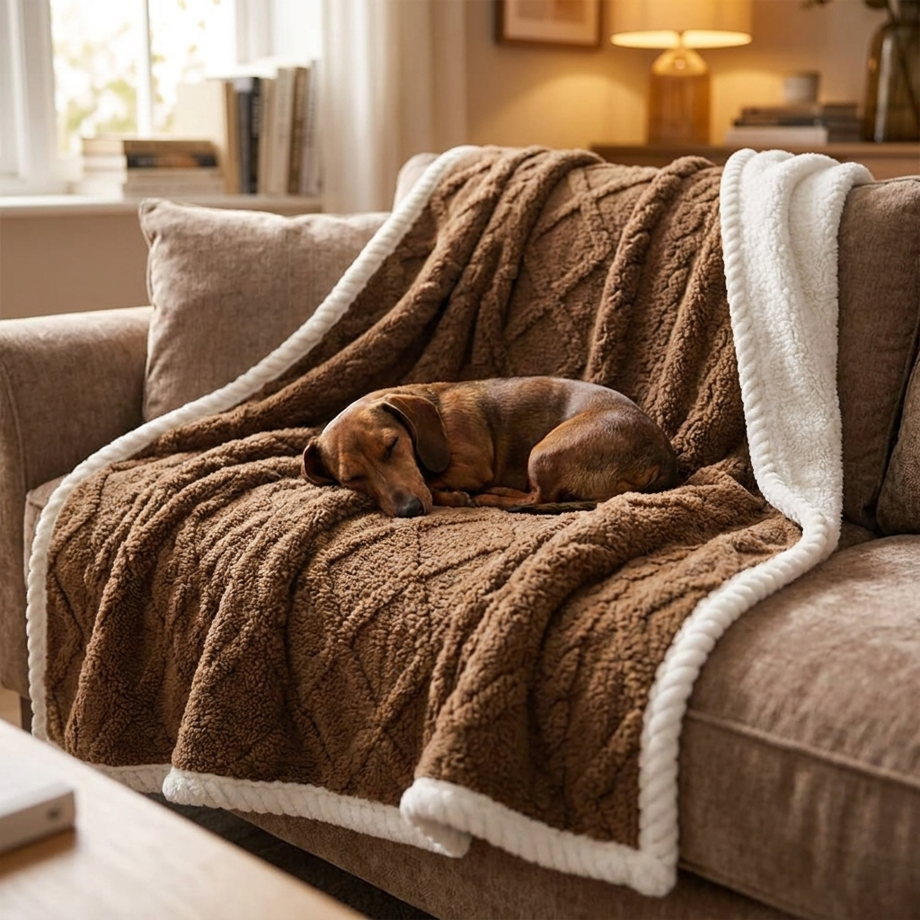 Dachshund resting on a curry waterproof sherpa dog blanket on a couch