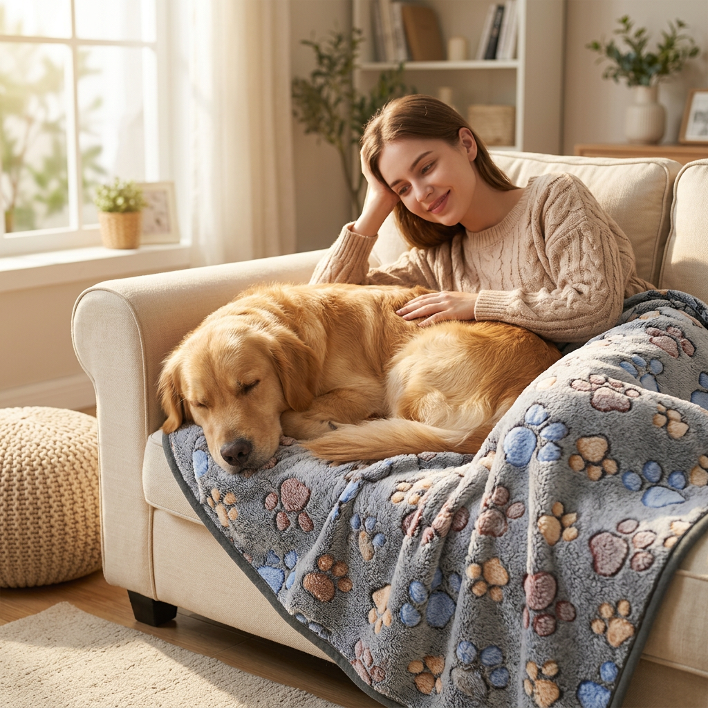 Golden Retriever resting on a gray paw-print coral fleece dog blanket on a sofa