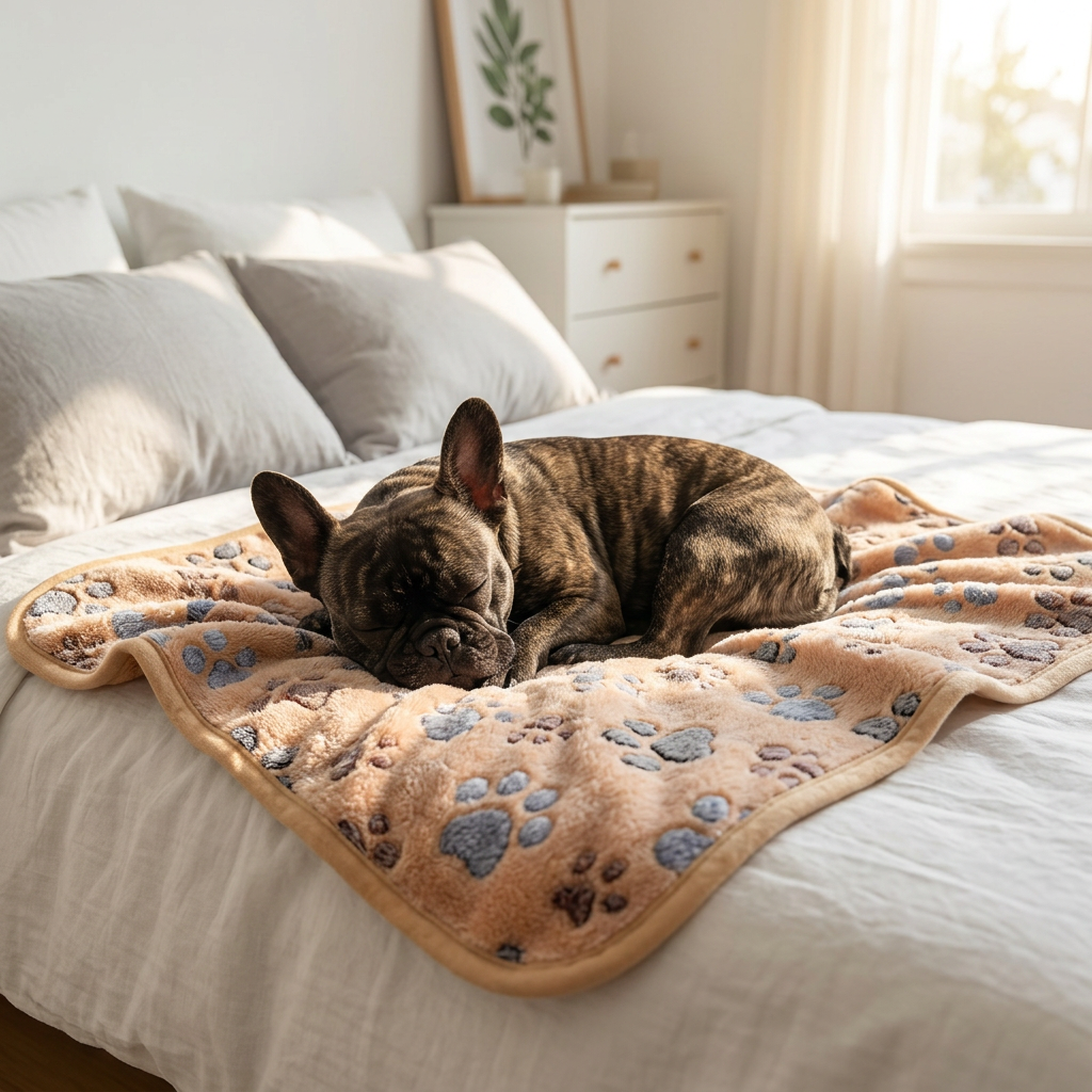 French Bulldog curled on a pink paw-print coral fleece dog blanket on a bed