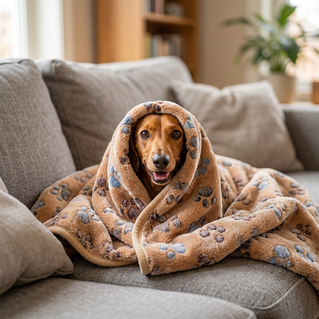 Dachshund burrowed under a coffee paw-print coral fleece dog blanket