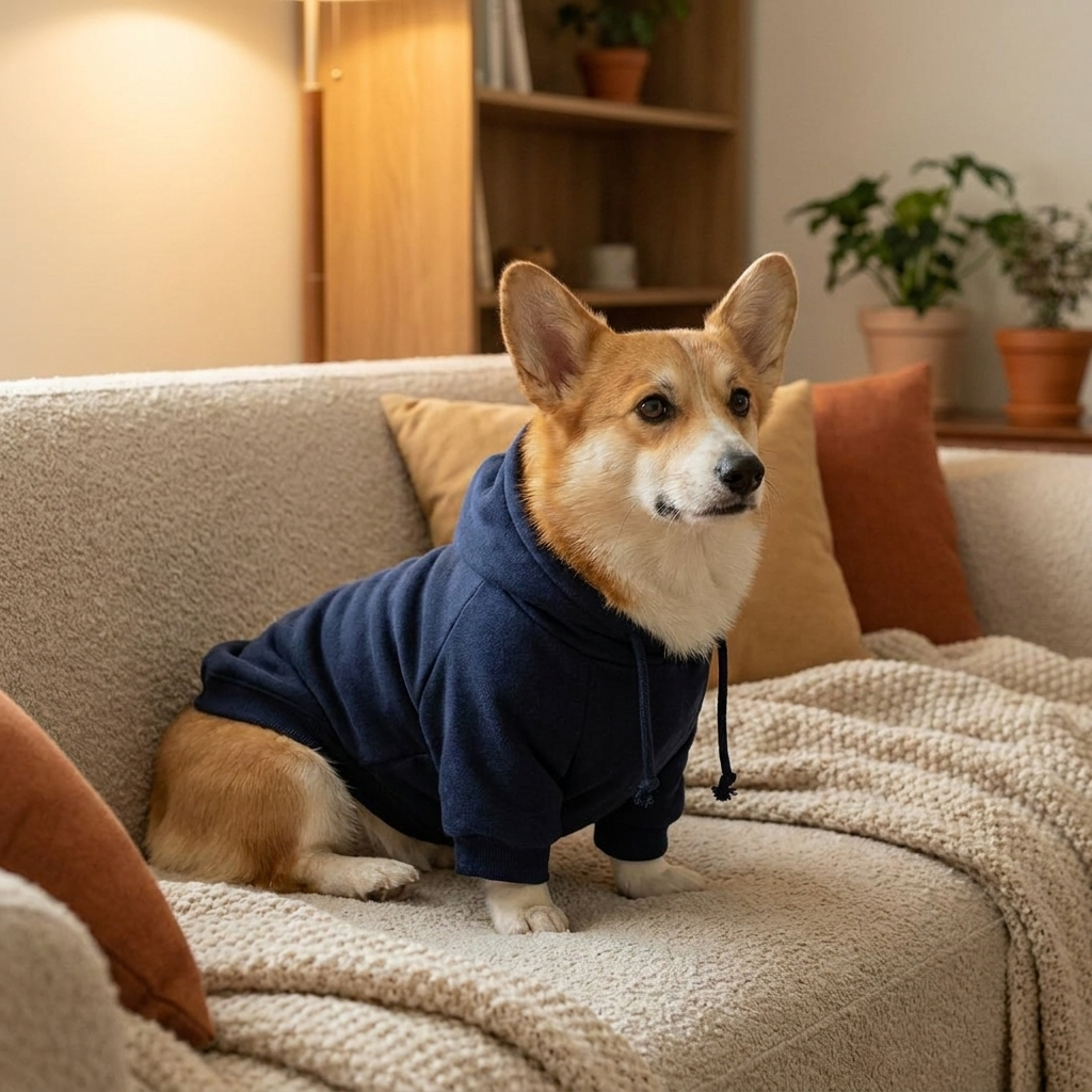 Corgi in a navy plush dog hoodie relaxing on a couch