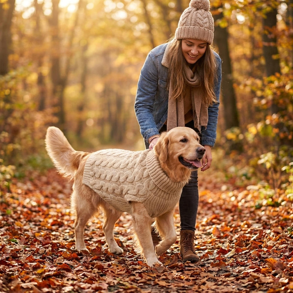 Golden Retriever in a beige cable-knit turtleneck dog sweater on an autumn walk