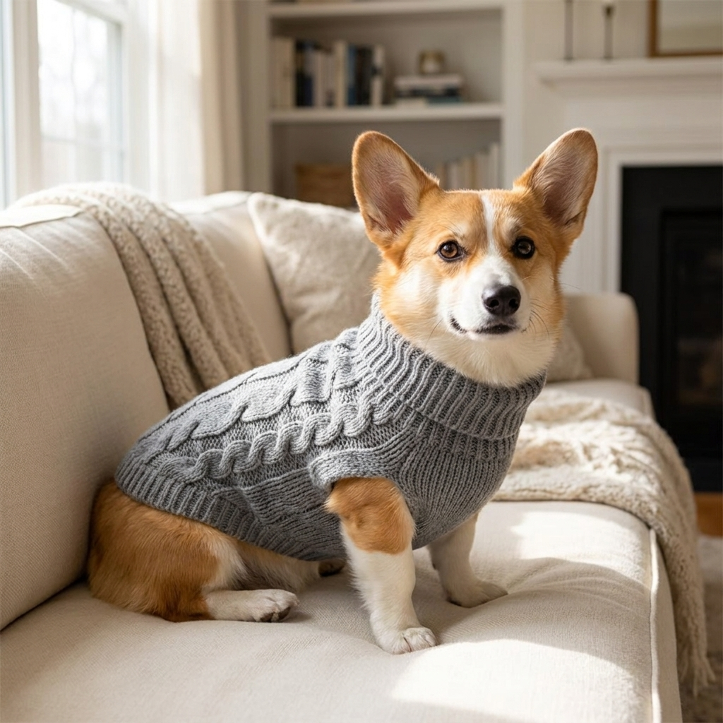 Corgi in a grey cable-knit turtleneck dog sweater on a couch