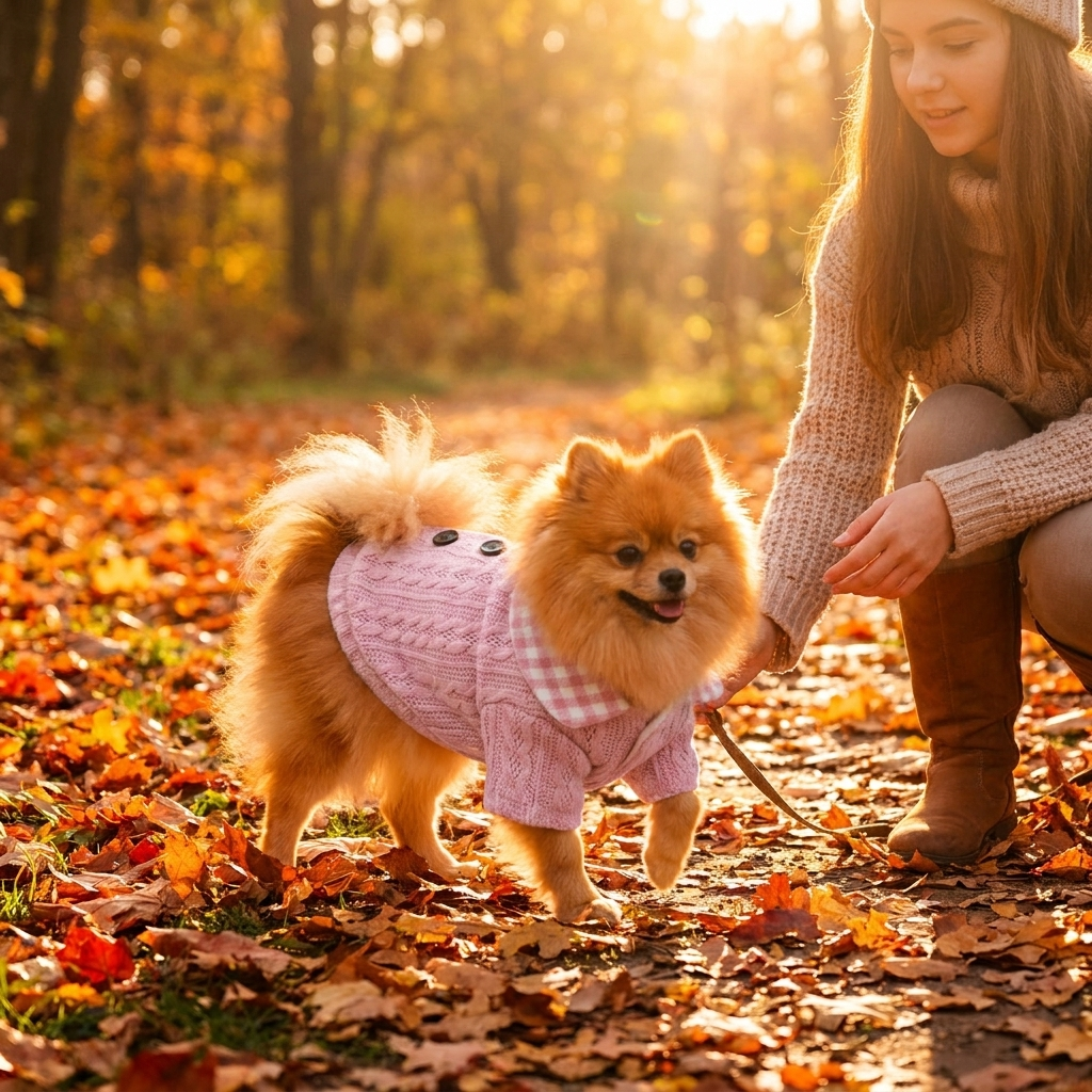 Pomeranian in a pink plaid-collar cable-knit dog sweater on an autumn walk