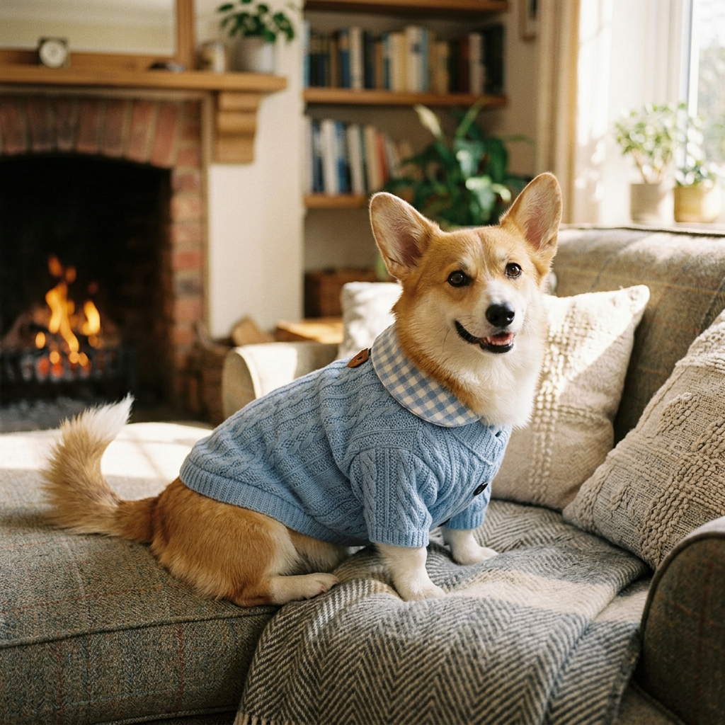 Corgi in a blue plaid-collar cable-knit dog sweater by a fireplace