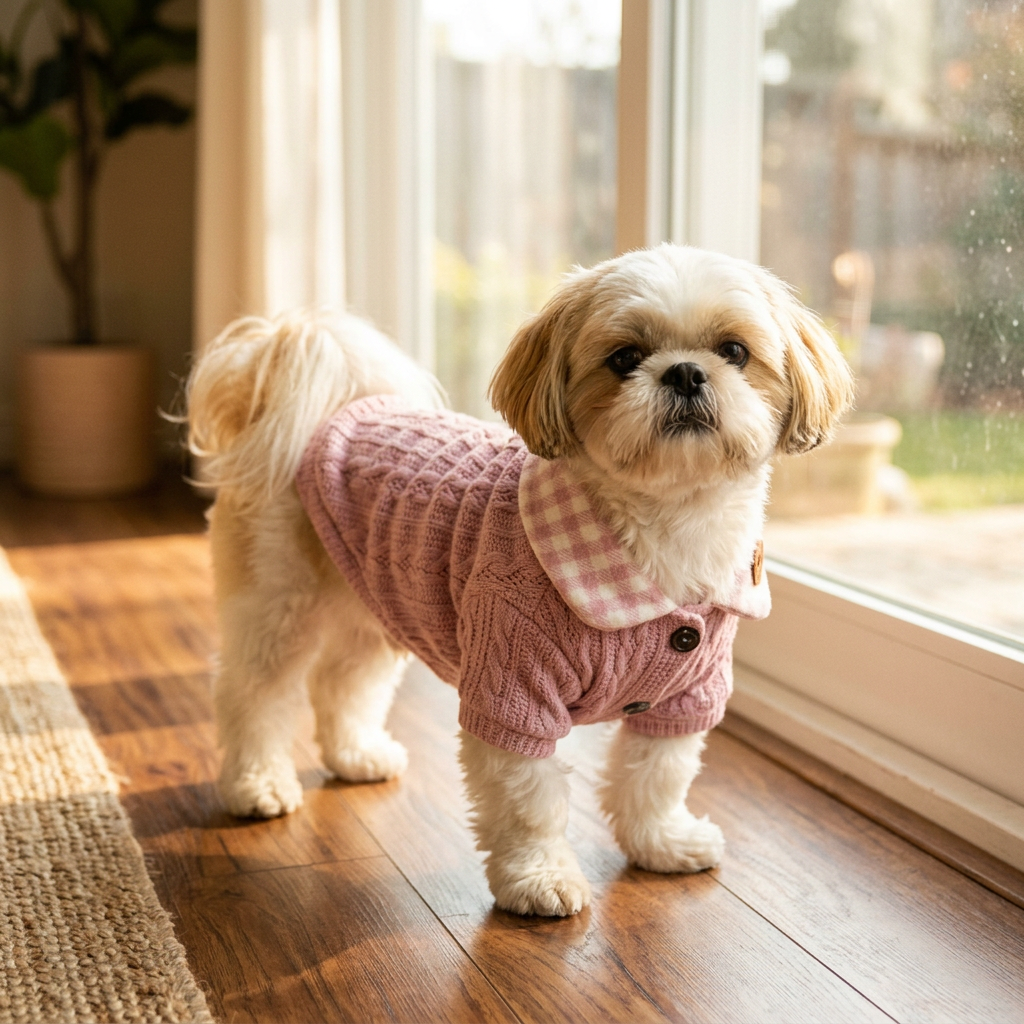 Shih Tzu in a pink plaid-collar cable-knit dog sweater by a window