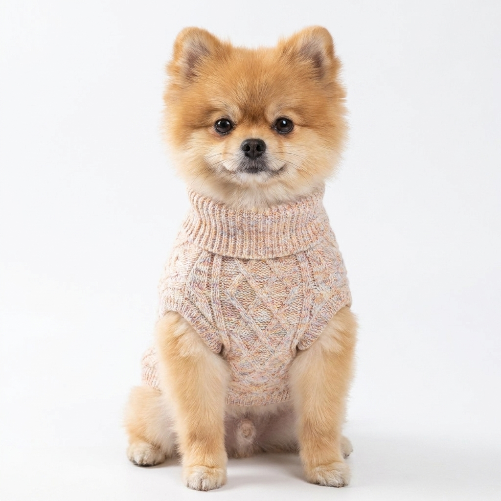 Pomeranian in a peach marled knit turtleneck dog sweater