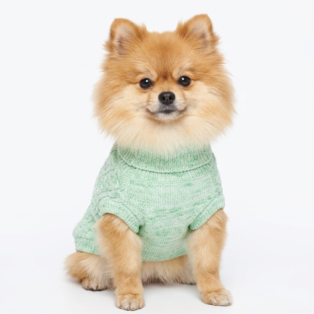 Pomeranian in a mint green marled knit turtleneck dog sweater