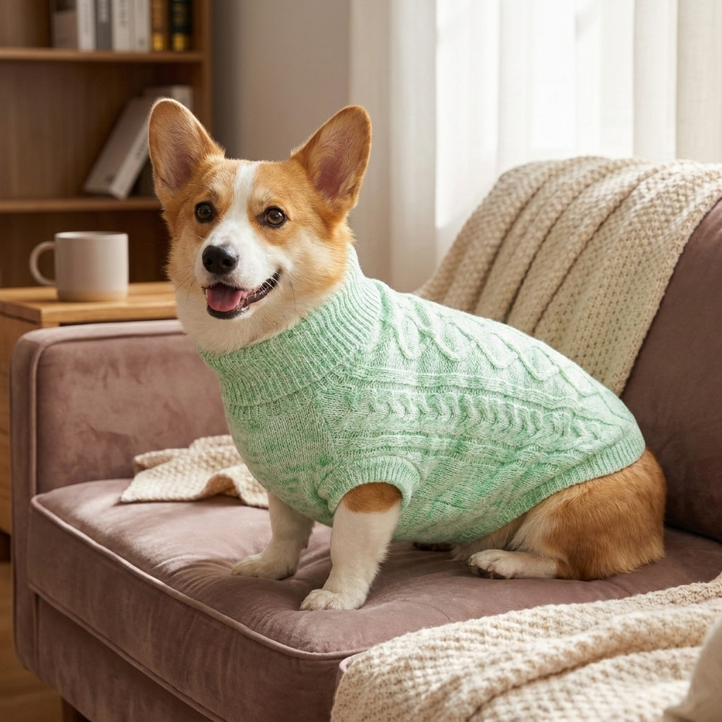 Corgi in a mint green marled knit turtleneck dog sweater on a couch