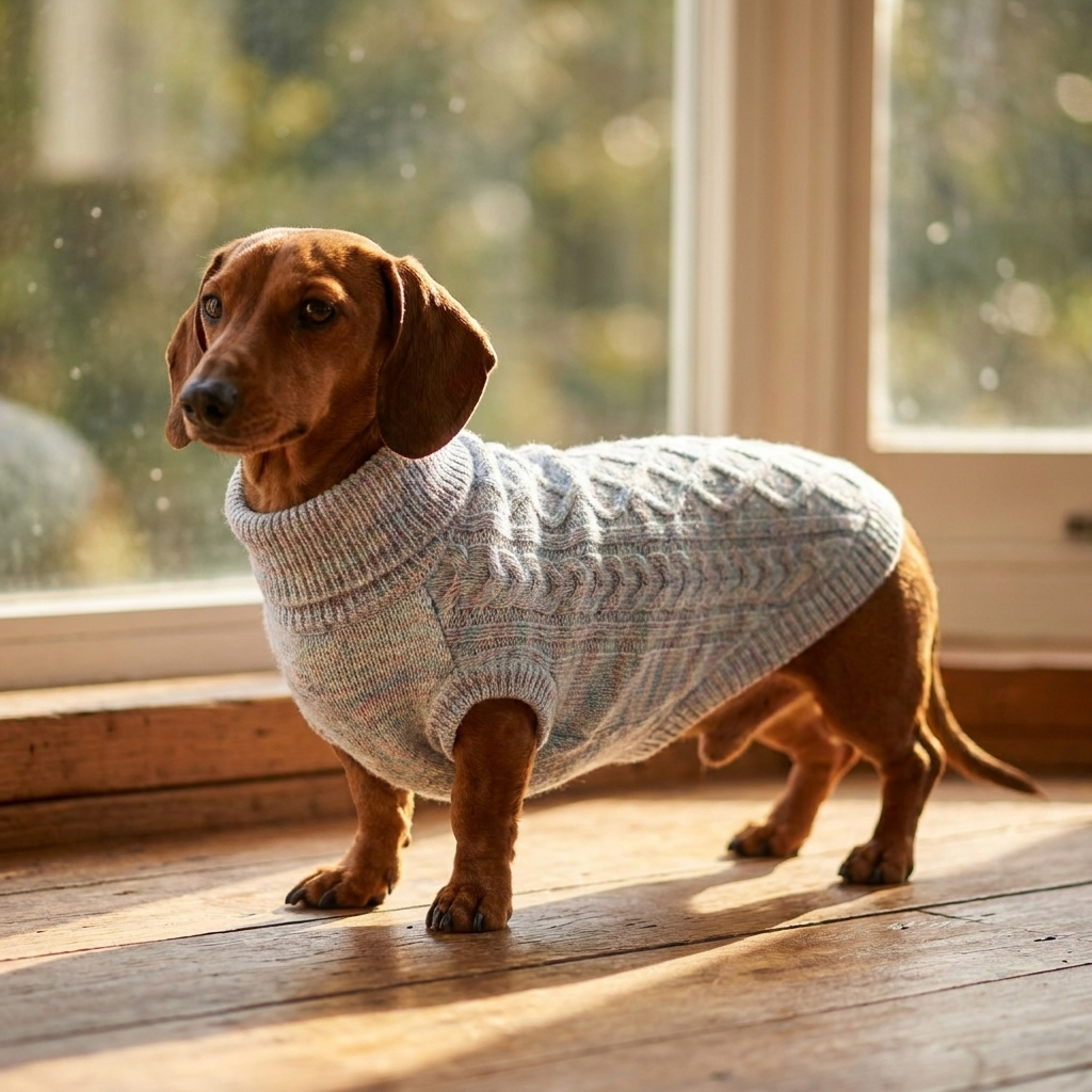Dachshund in a blue-grey marled knit turtleneck dog sweater by a window
