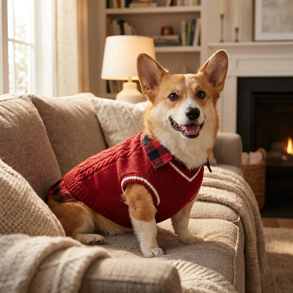Corgi in a red cable-knit dog sweater vest with a plaid collar on a couch