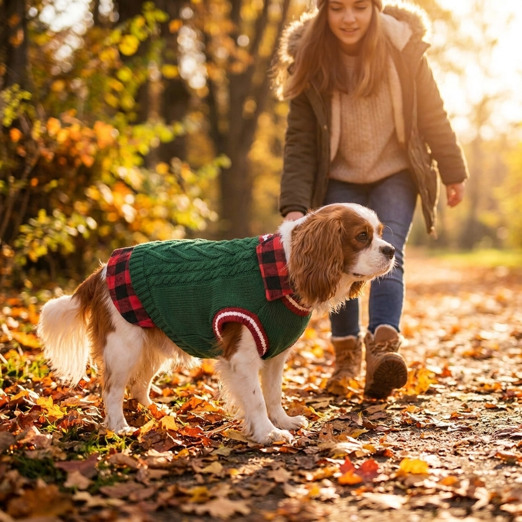 Cavalier King Charles Spaniel in a green cable-knit dog sweater vest on an autumn walk