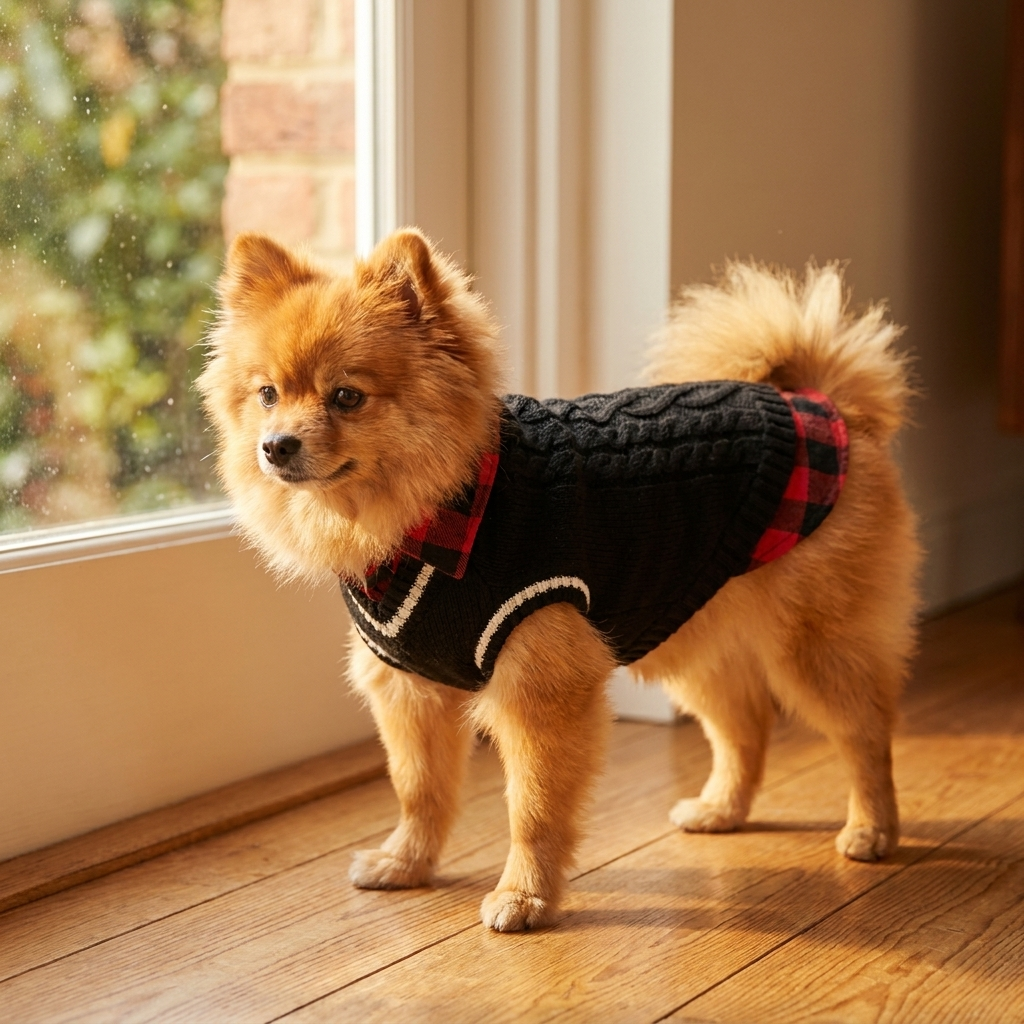 Pomeranian in a black cable-knit dog sweater vest with a plaid collar by a window