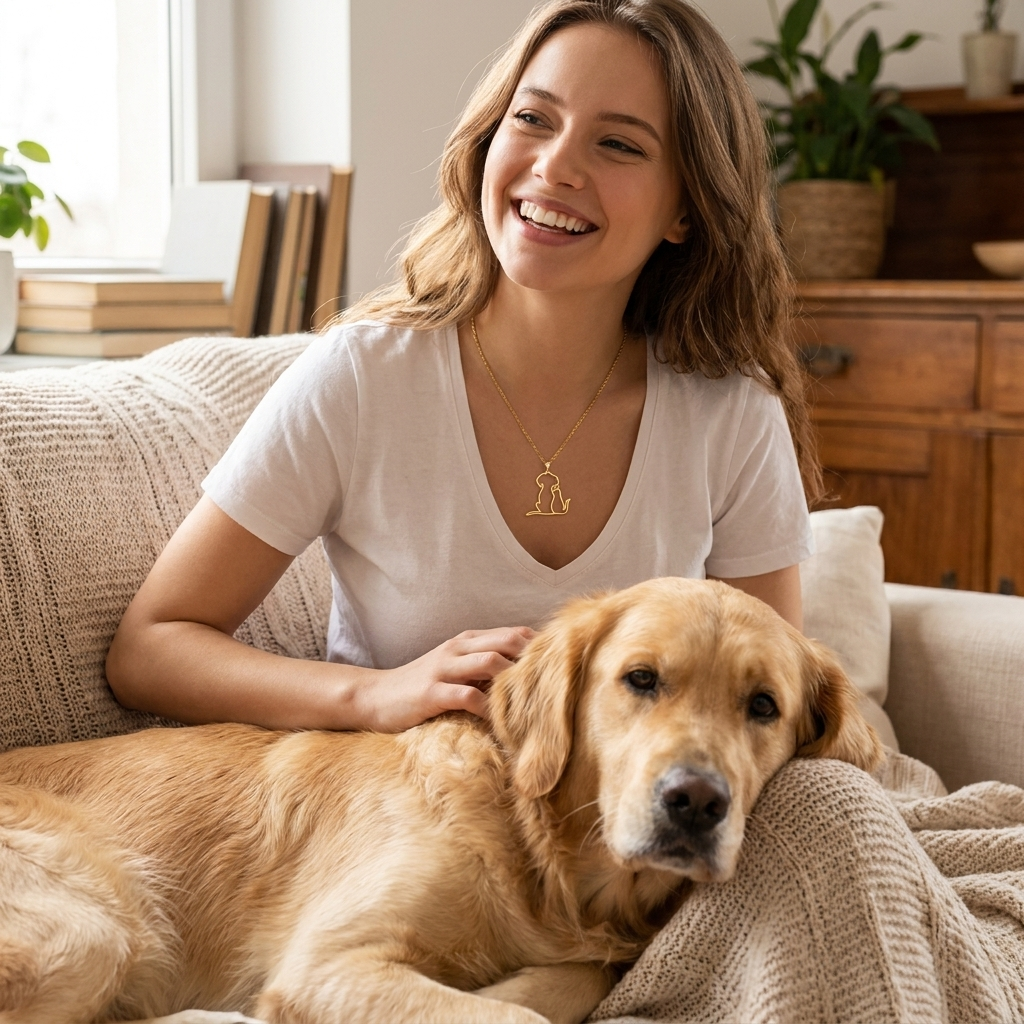 Woman with her Golden Retriever wearing the gold dog and cat pendant necklace