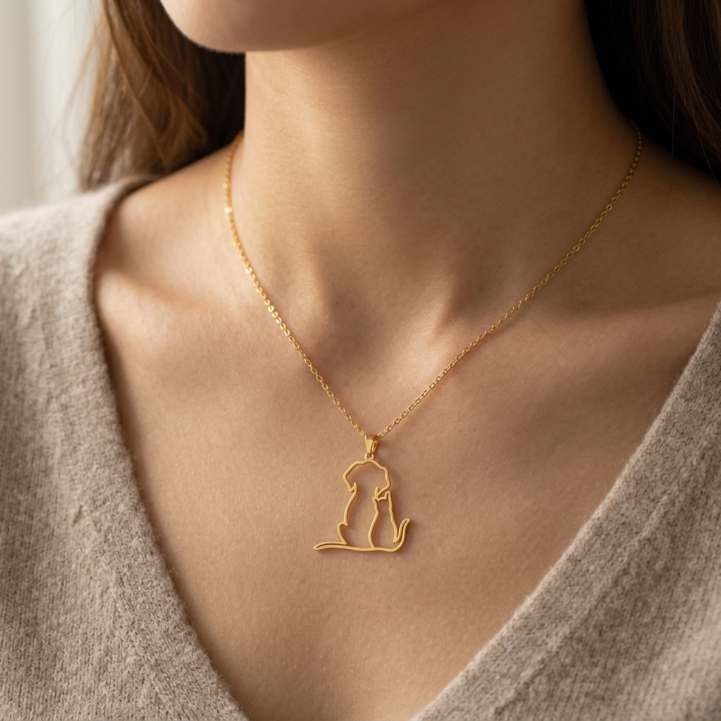 Close-up of a woman wearing the gold dog and cat pendant necklace