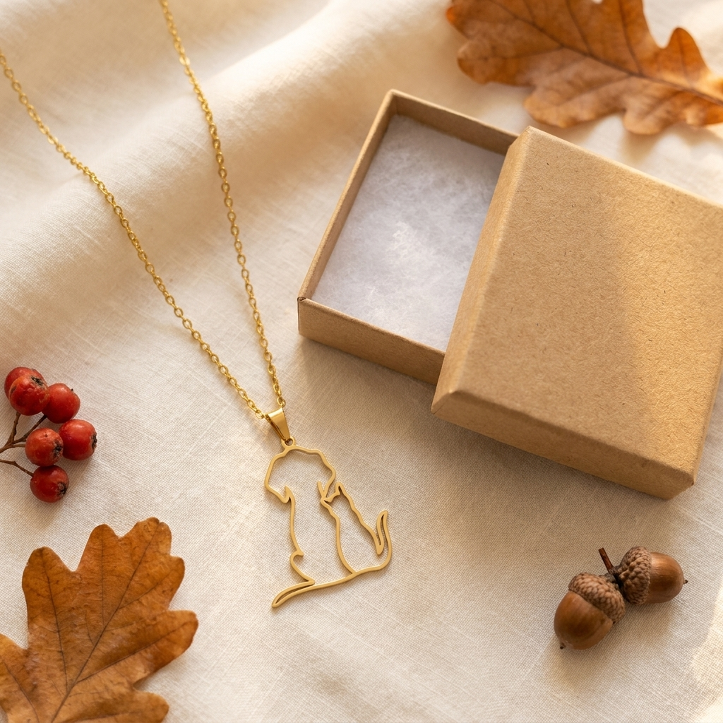 Gold dog and cat pendant necklace beside a gift box
