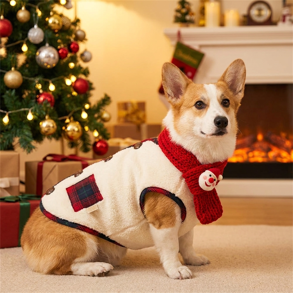 Corgi in a cream plaid fleece winter coat with a red snowman scarf by a Christmas tree