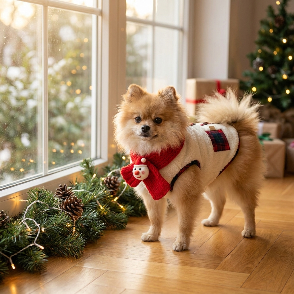 Pomeranian in a cream plaid fleece winter coat with a red snowman scarf by a window