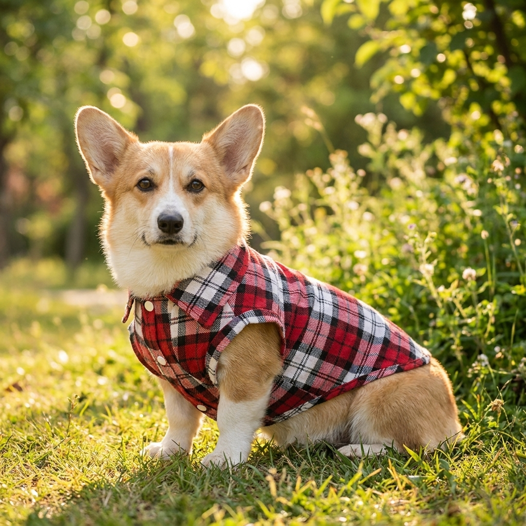 Corgi in a red plaid flannel button-down dog shirt in a sunny park