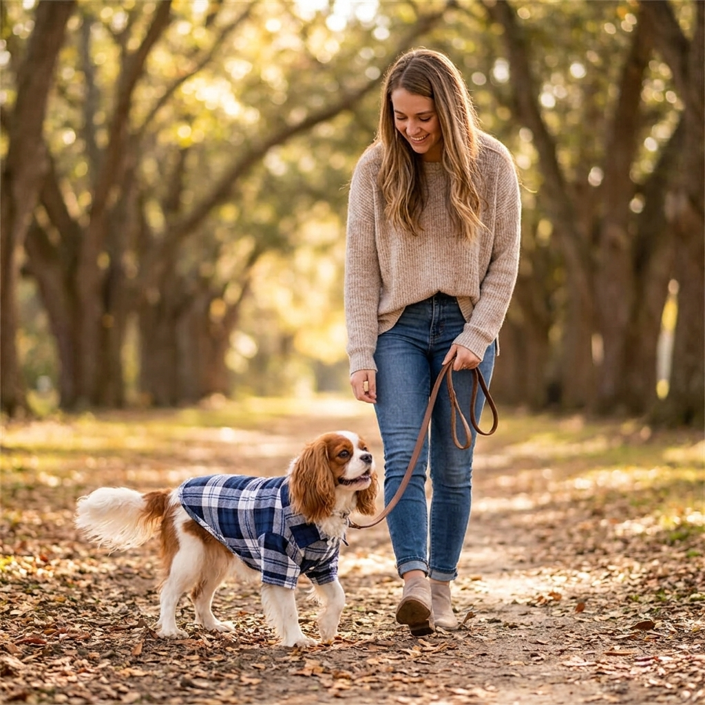 Cavalier King Charles Spaniel in a blue plaid flannel dog shirt on a walk